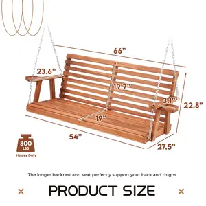 5.5 FT Outdoor Wooden Porch Swing, Farmhouse Patio Bench with Cup Holders & Hanging Chains, 800 LBS Heavy-Duty 3-Seater Swing Chair for Garden, Deck & Backyard