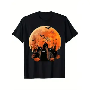 Black Cats Full Moon Halloween T-Shirt - 100% Cotton Funny Pet Lover Graphic Tee with Bats & Pumpkins, Regular Fit Casual Shirt for Men & Women, Gift for Dad Mom Friends (S-XXXL, Black), Casual Wear | Spooky Graphic Tee | 100% Cot