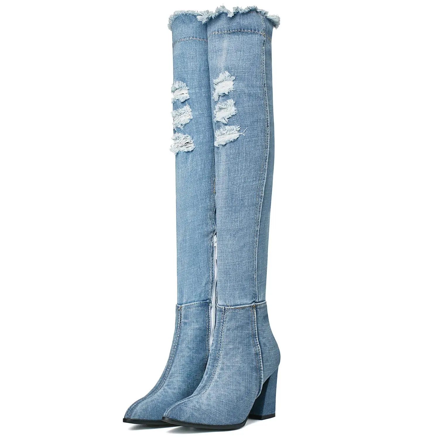 Women's Classic Western Urban Cowboy Over-the-Knee Block Heel Footwear - 8.5cm Platform, Light Blue Denim Upper, Pointed Toe Cutout Detail, Rubber Sole, Pull-On Party Shoes for Wedding, Rodeo Outfits, Over-Knee
