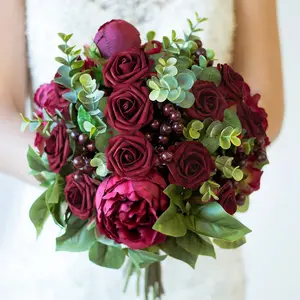 50Pcs Burgundy Roses Artificial Flowers, Burgundy Fake Roses for Decoration, Real Touch Foam Rose Bulk with Stem DIY Wedding Bouquet Centerpiece Floral Arrangement Mothers Day Party Home Decor Black Decorative Fruit Plants Ornaments
