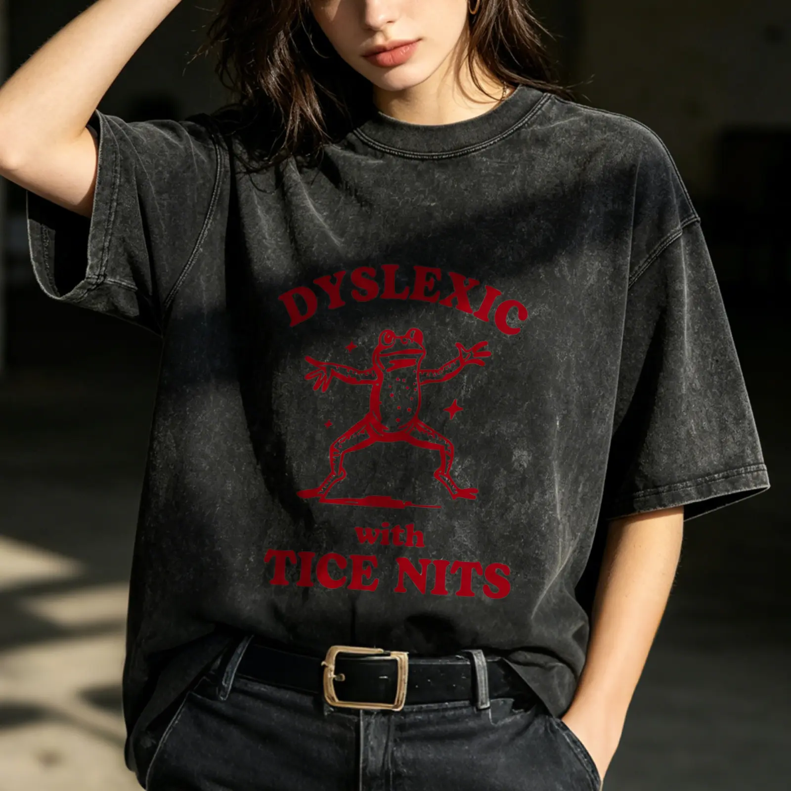 Dyslexic With Tice Nits Women's Vintage Washed T-Shirt Dyslexic With Tice Nits Oversized Graphic Tee Outdoor Casual Short Sleeve