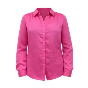 Women's Pink Button-Up Shirt - Long Sleeve, Casual Style, Regular Fit, Machine Washable
