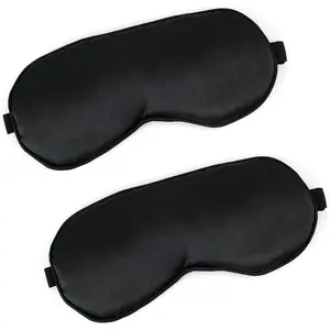 Black Satin Sleep Masks 2 PCS Adjustable Silk Eye Mask for Sleeping Soft Breathable Blindfold for Adults Couples Travel Home Flight