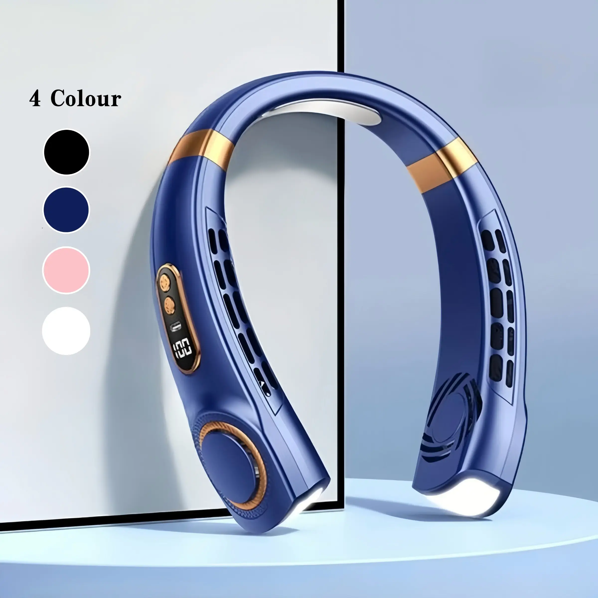 USB Rechargeable Neck Fan, Wireless Portable Cooling Device, Strong Wind Quiet Operation, Colorful Lights, Ideal for Outdoor Sports