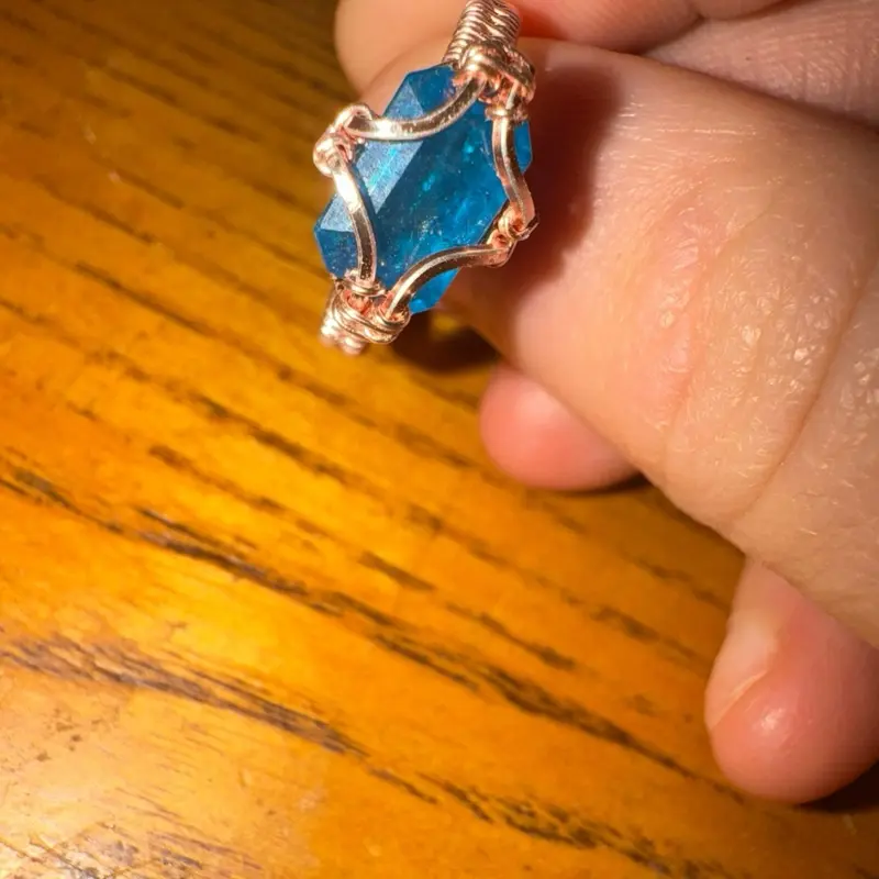 Blue Apatite Square Wire Wrapped Ring Handcrafted Copper Wire Jewelry for Women