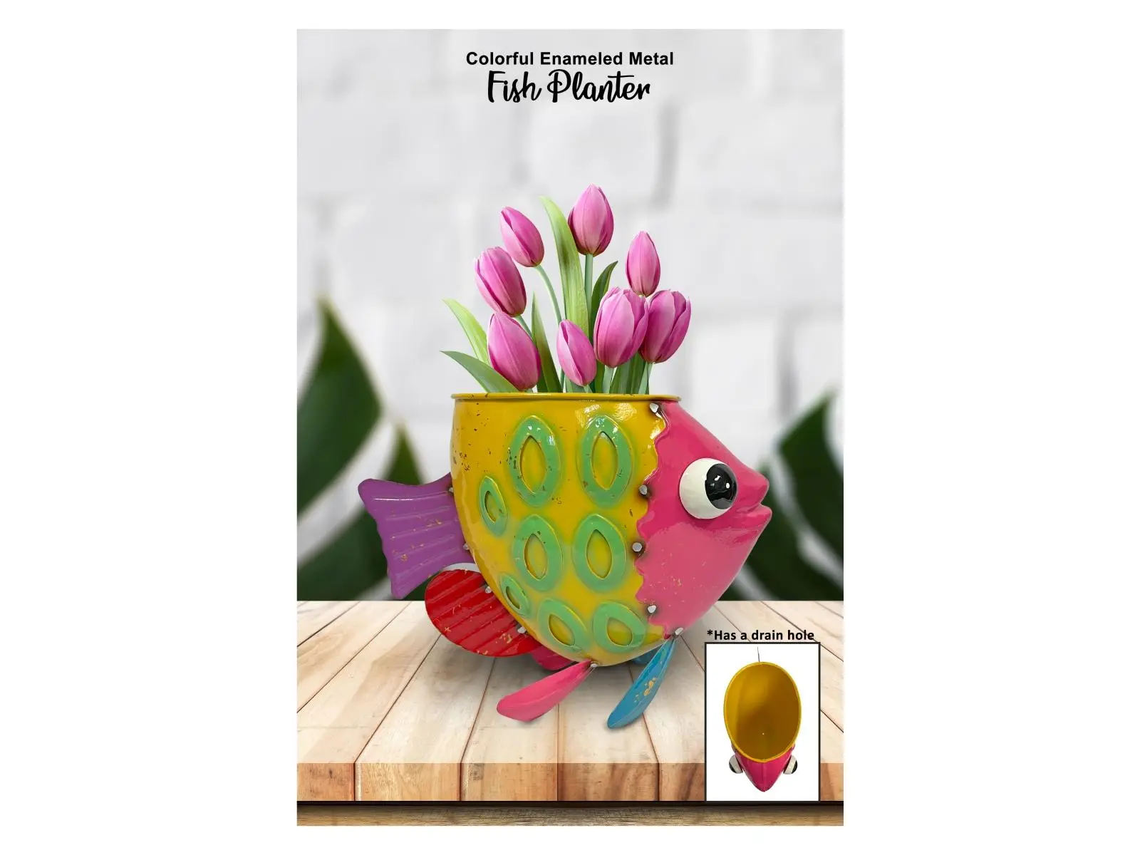 Continental Art Center 21709B Tropical Painted Outdoor Fish Planter - Dotted Metal with Enameled Baked Finish, Floor Standing, 11dX5wX8h, 2 lbs, Sunlight Safe, Has a Drain Hole, Multi Color