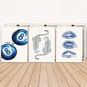 3 Counts Wooden Framed Canvas Painting, Blue Billiard Balls Cheetahs And Lips Images, Exquisite Poster, Perfect Living Room Decoration, Modern Art, Fashion Family Poster, Wall Art Decoration, Modern Home Decor, Waterproof Art