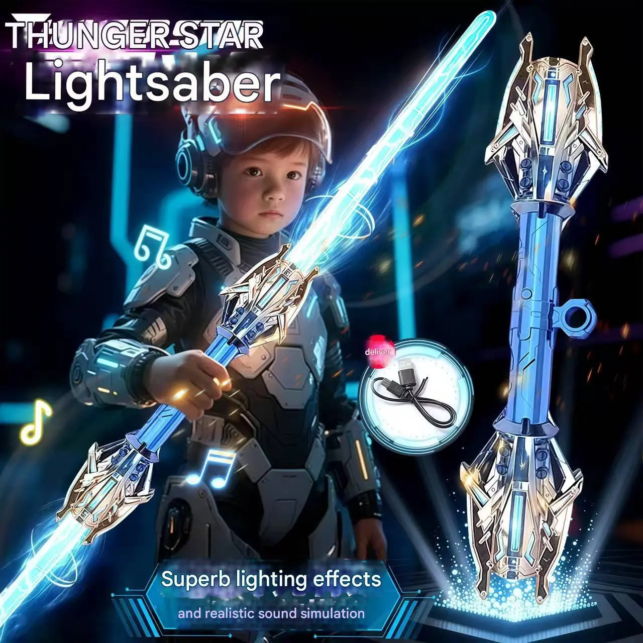 Cyberpunk rotating light-up lightsaber toy, , with sound, light, and smoke effects, multi-color flowing lights, Type-C charging, suitable for parties, cosplay, and display, immersive neon design. LEDLightsaber LightSaberToy SummerToySale Li