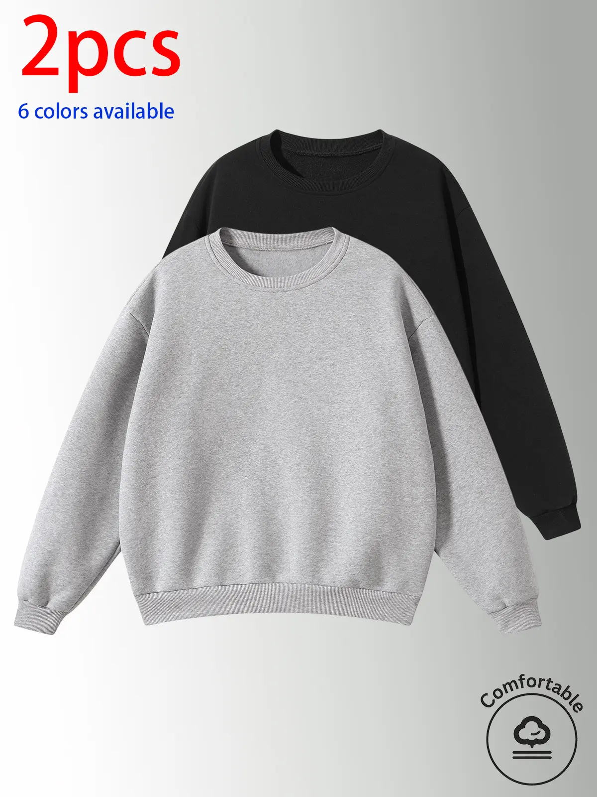 2-pack men’s sweatshirts, men’s casual tops. Skin-friendly, breathable, loose drop-shoulder long-sleeve pullover top; minimalist solid color sweatshirt with a crew neck that helps conceal bulges and create a slimmer look, versatile for various outfits. Av