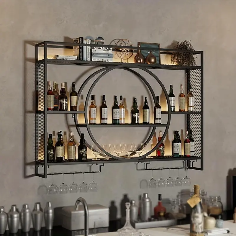 Metal Wine Rack Wall Mounted with LED Light, 3-Tier Bar Liquor Shelf with Wine Glass Holder, Modern Large Capacity Liquor Bottle Display Storage Shelf for Home Bar, Dining Room