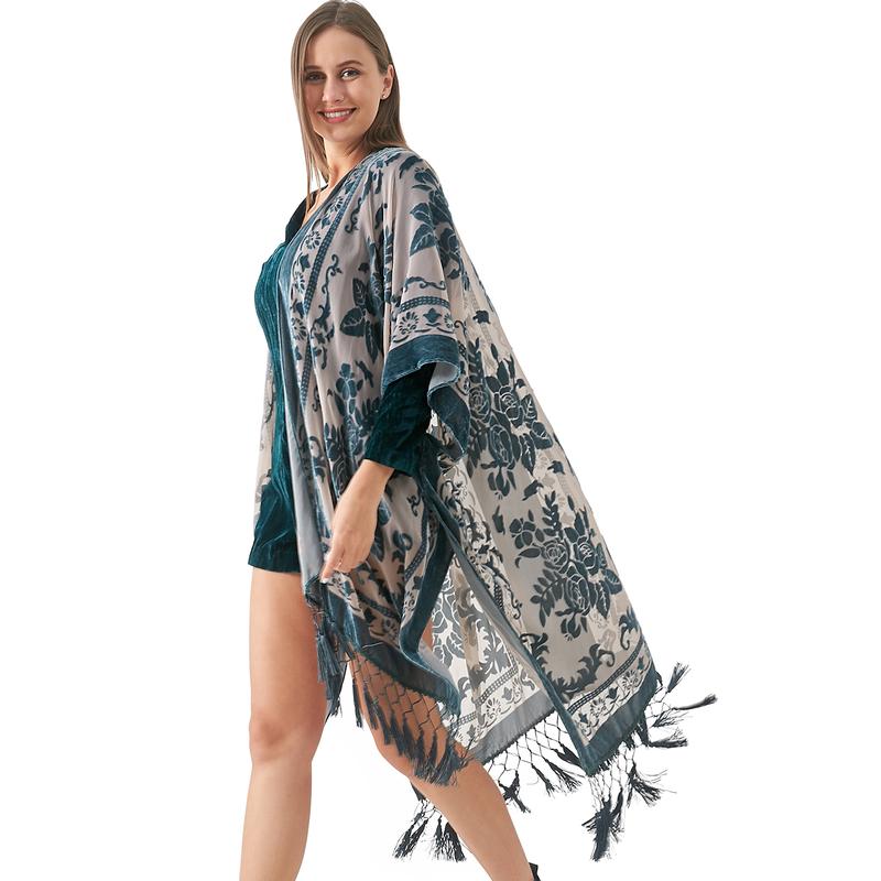 WeHello Women's Boho Burnout Velvet Kimono Long Cover Up with Tassel Casual Cardigan Shawl Flowy Fabric Beachwear Suit Womenswear Clothes Swimwear Coverups