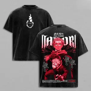 Yuji Itadori Tee Washed – Jujutsu Kaisen Execution The Movie Culling Game Arc Vintage Oversized Heavy Cotton Double Printed Front & Back Anime Manga T-Shirt, Retro Unisex Streetwear Graphic Top, Sukuna’s Vessel Awakening Edition, JJK Gift Tee