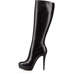 platform black knee high boots for women skinny round toe back zipper Stilettos heels Large size unisex wide calf boots