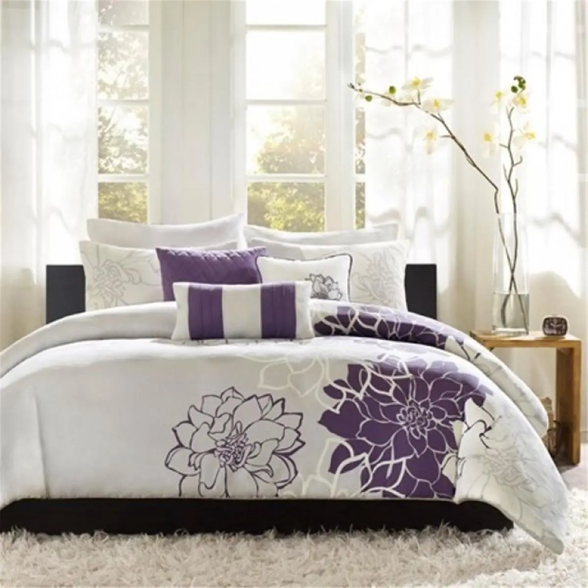 212 MAIN Queen Size Cotton Duvet Cover Set - Purple Floral Print Bedding Set with Modern, Stylish Design and Soft Hand Feel