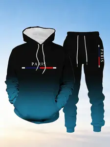 "2 Piece Paris Print Hoodie & Jogger Set Men's Gradient Red Casual Tracksuit"
