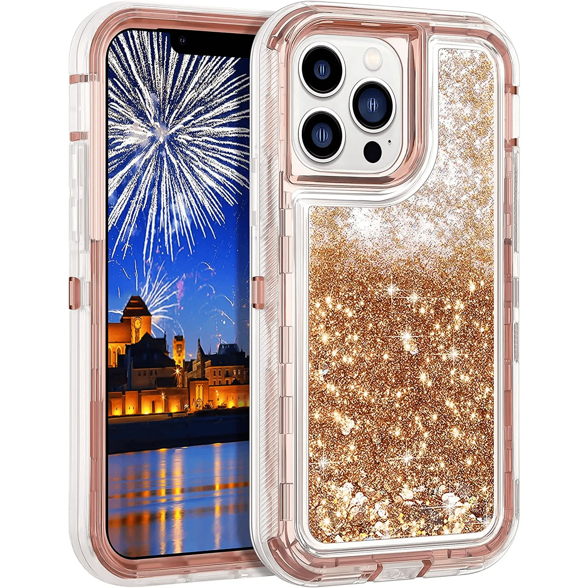 Entronix Case for Apple iPhone 16E, 15/14/13/12/11/8/7/SE, Plus, Pro Max - Liquid Glitter Triple-Layer Bumper Cover, Protective Smartphone Accessories