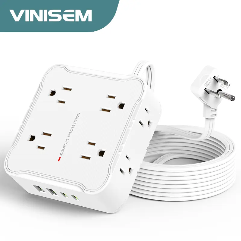 12-in-1 Power Board - 8 AC Sockets, 2 Type-C Charge Ports, 6.5ft-white/10ft/15ft Extension Cord, 10A 1250W Maximum Power, Plug-and-Play Indoor Electrical Accessory for Home & Office