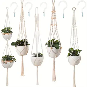 5pcs Bohemian Macrame Plant Flower Hangers with 5 Hooks - Jute Rope Hanging, Irregular Shape Indoor/Outdoor Hanging Basket Suitable for Plants, Beads & Tassels, Lightweight Planter for Decor ( Knot)