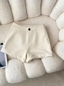 Women's Elegant Solid Color Casual Fitted Shorts, Zipper And Button Design, Openable, New 2026, Non-Perspex, All Seasons, Daily Wear, Office, Home, Date, Party