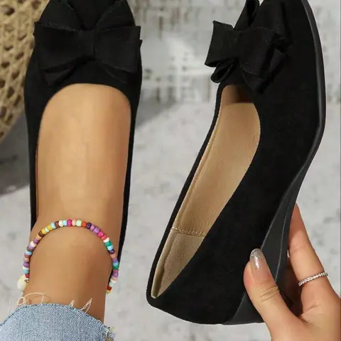 Women's Elegant Bowknot Detail Low-Wedge Shoes, Casual Comfortable Round-Toe Slip-On Shoes for Daily Wear, Lightweight Breathable Fabric, Soft Sole Shoes for Women