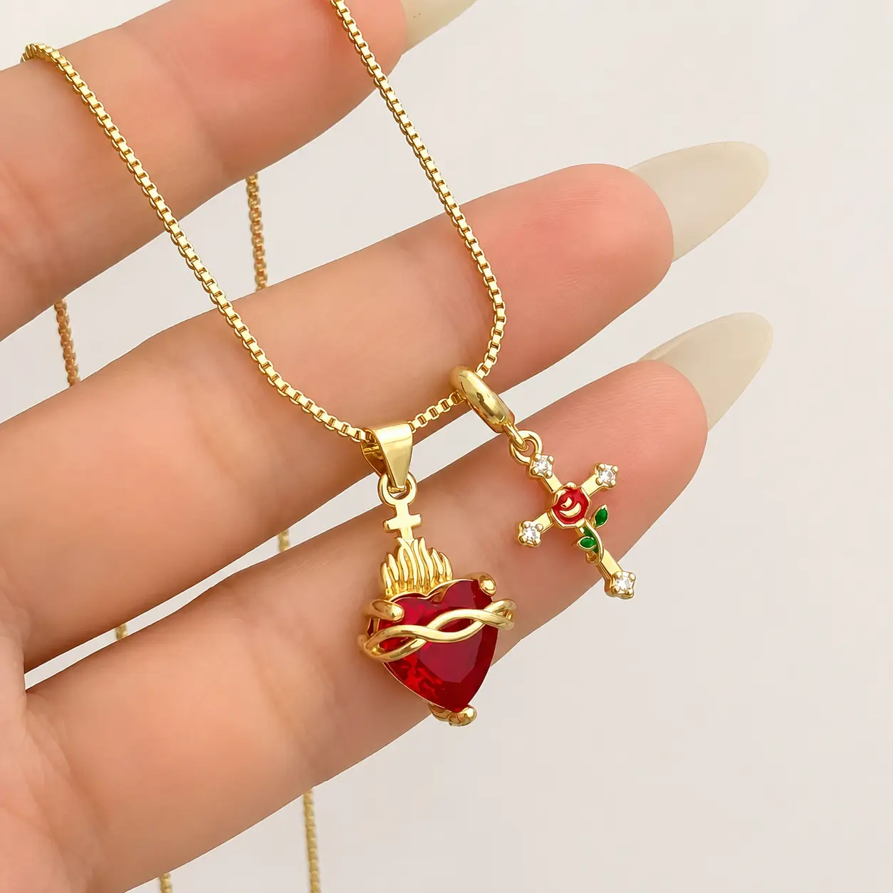 New Heart-shaped Rose Cross Multi-pendant Necklace with Love Zircon Sacred Heart Collarbone Chain
