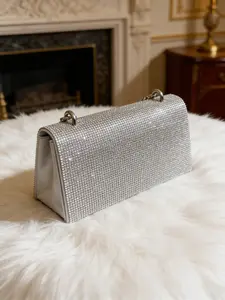 【New product release】Women Silver Color Rhinestone Top Handle Evening Clutch Bag, Luxurious Celeb-Style Diamonds-Inlayed, Elegant Metal-Handle Structure