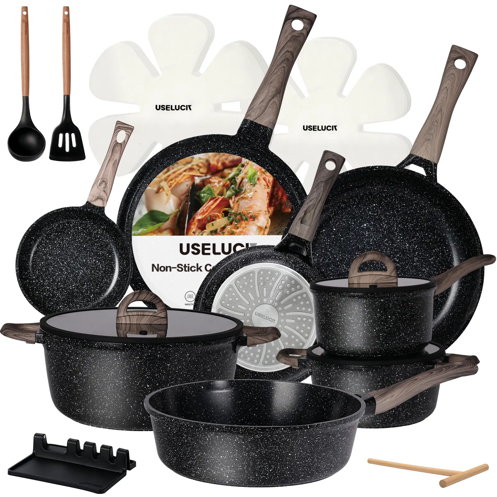 USELUCK 22-Piece Non-Stick Ceramic Pots and Pans Set - PFOA/PFOS-Free Cream White Granite Kitchen Essentials, Induction-Compatible Non-Toxic Stovetop Cookware with Glass Lids, Including Crepe Frying Pan, Easy to Clean