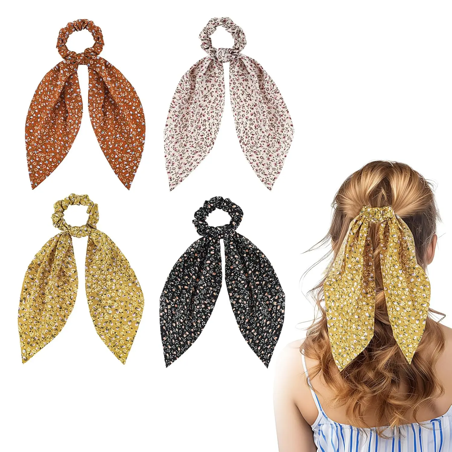 4Pcs Floral Hair Scarf Scrunchies with Long Ribbon Bow Boho Elastic Ties Accessories for Woman Girls