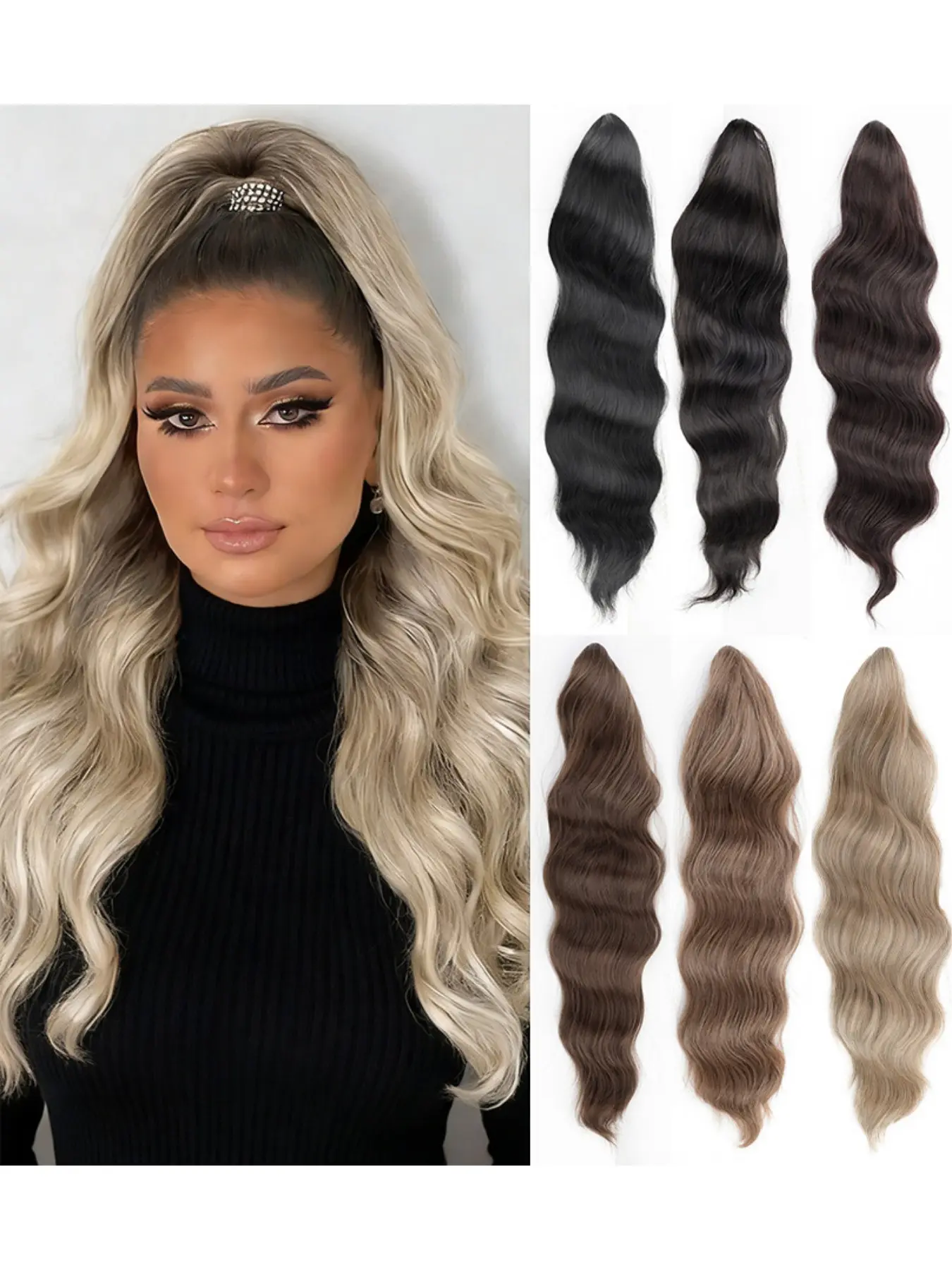 Waterfall Half-Up Long Wig for Women, Lightweight No-Drop Clip-In Extension, Wave Curly Synthetic High Ponytail, Wavy Synthetic Hairpiece, Wavy Hairpieces, All Seasons, Synthetic Fiber Hairpieces