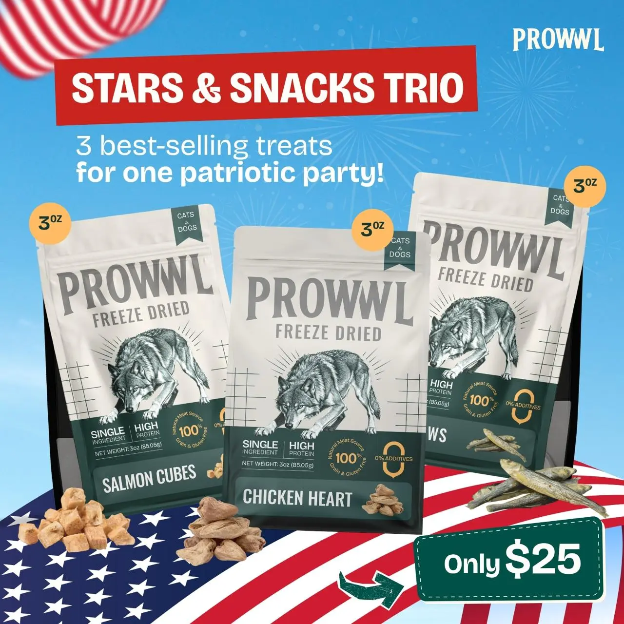 PROWWL Stars & Snacks Trio Bundle -  Freeze Dried Cat & Dog Treats 3oz packs of Chicken Heart, Salmon, Minnows