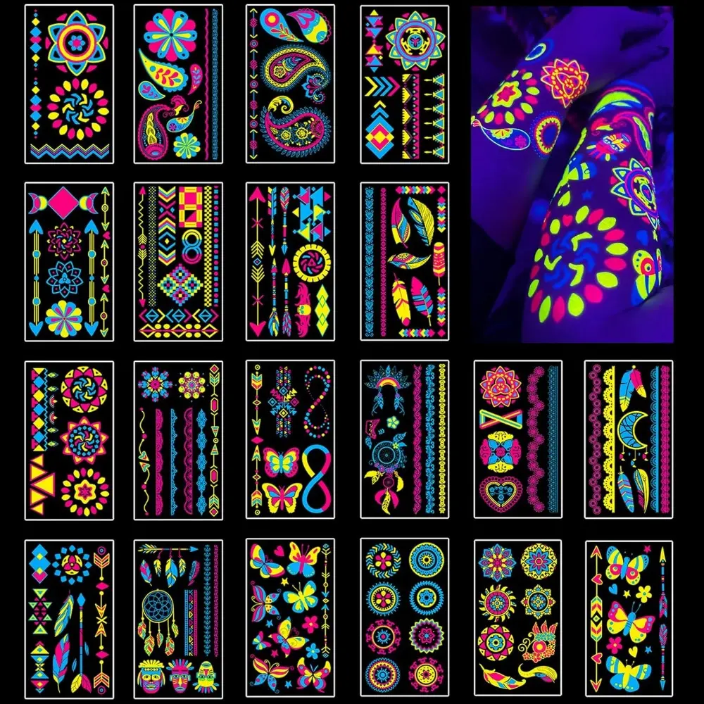 Temporary Tattoos 170 PCS Glow in The Dark Tattoos that React to Neon UV Black Light, Tattoos For Kids,Teens,Adult, Neon Glow Party Decorations, Glow in The Dark Party Supplies, Glow Party Favors