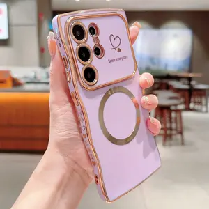 for Samsung Galaxy S25 Ultra S24 S23 S22 Case Magnetic,for Women Girls Soft Cute Wave Frame Curly Shape Love Heart Luxury Plating Phone Case Compatible with MagSafe Shockproof Back Cover for Women Girls