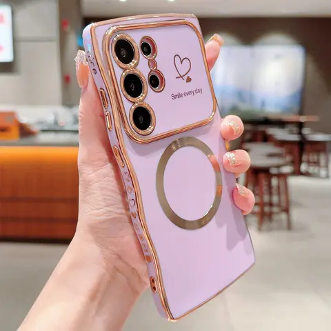 Magnetic MagSafe-Compatible Soft TPU Smartphone Case for Samsung Galaxy S25 Ultra, S24, S23, S22 - Women’s Cute Wave Pattern, Curly Shape, Love Heart Luxury Plating, Anti-Drop Protection Back Cover (Phone Accessories)
