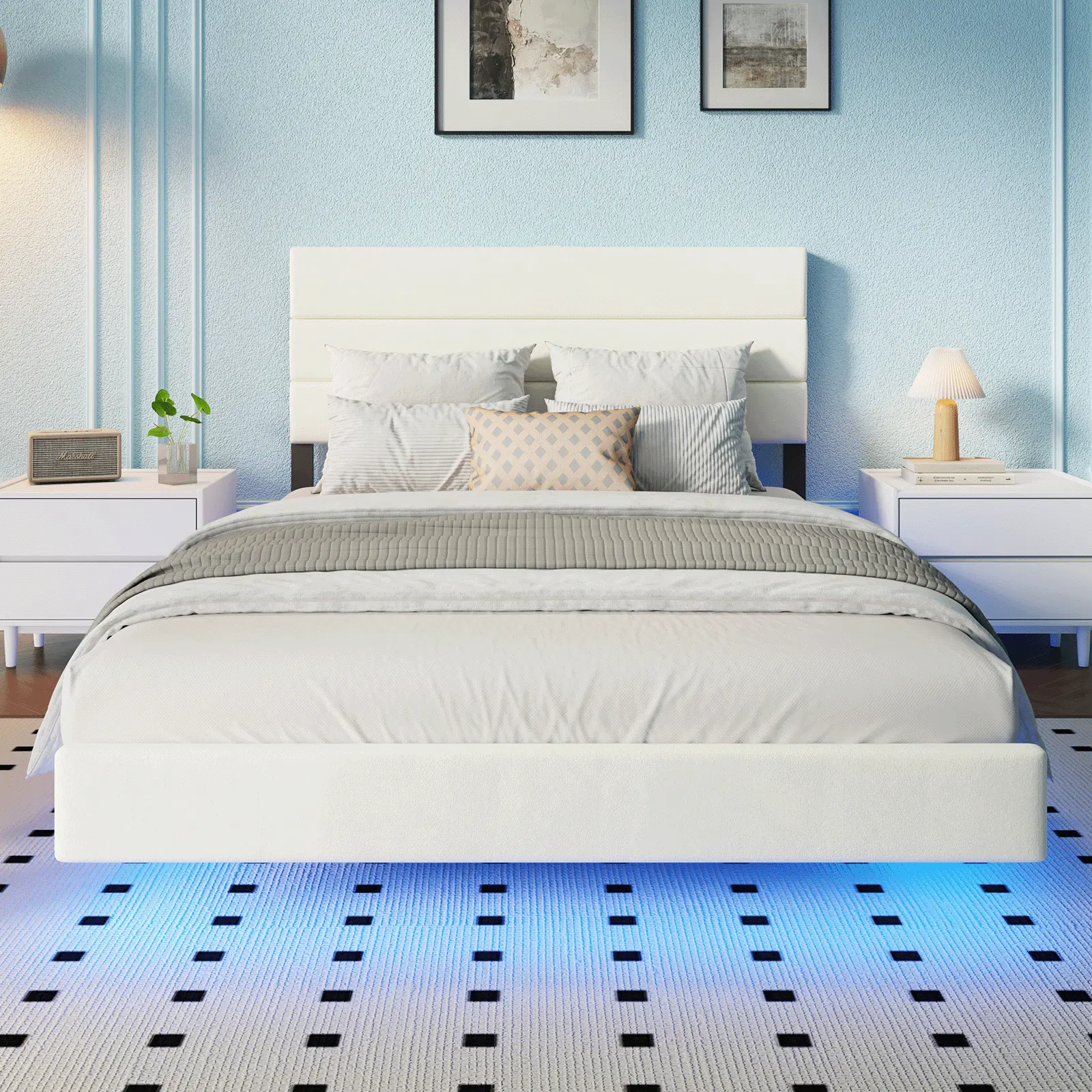 CollaredEagle Upholstered Queen Bed Frame - Blanc, Floating Design with Upholstered Headboard & Charging Station, Silent Sturdy Support, No Spring Mattress Required, Easy Assembly, Space-Saving Modern Bedroom Furniture
