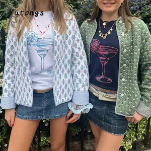 Women’s Quilted Jacket, Double-Sided Printed, Mock Neck, Long Sleeve, Button-Front, Casual Outerwear