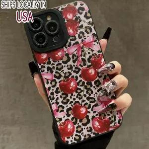 Fashion Cherry & Leopard-Pattern Phone Case, Cute Phone Protective Cover, Phone Accessory Compatible with iPhone 16 15 14 13 12 11 Plus/Pro/Pro Max