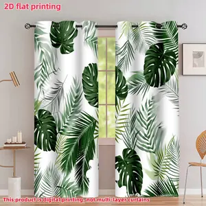 2D Flat 2Pcs Tropical Plant Printed Window Curtain Panels, Perforated Design, Semi-Sunshade, for Home Living Room Bedroom Balcony Kitchen Study Decor, Accessory, Anti-Privacy.