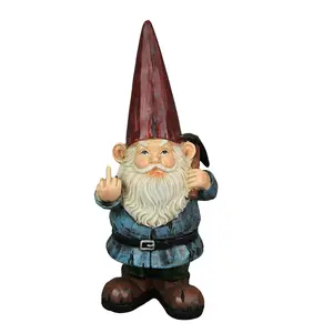 12in Grumpy Gnome w/ Pick Axe - Rude Gesture Resin Statue for Bold Garden Decor