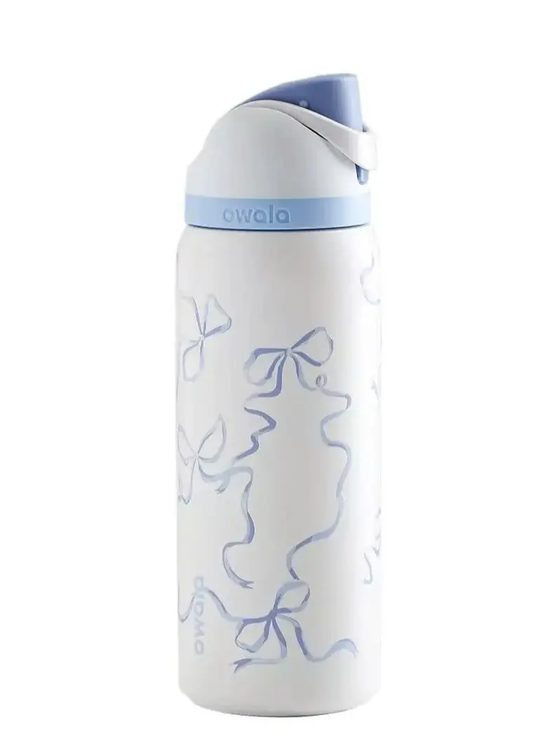 Owala FreeSip Insulated Flask - Aesthetic Coquette Light Blue Bow Pattern, Leak-Proof Sports & Travel Bottle