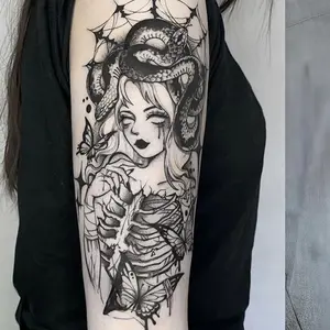 6 Large Herbal Tattoo Stickers, Suitable for Halloween Costumes and Role Play, Including 1 One Medusa Element and 5 One Random Design, Lasting 7-15 Days, Waterproof and Anti-Friction, Realistic Effect, Suitable for People Who Do Not Want to Tattoo