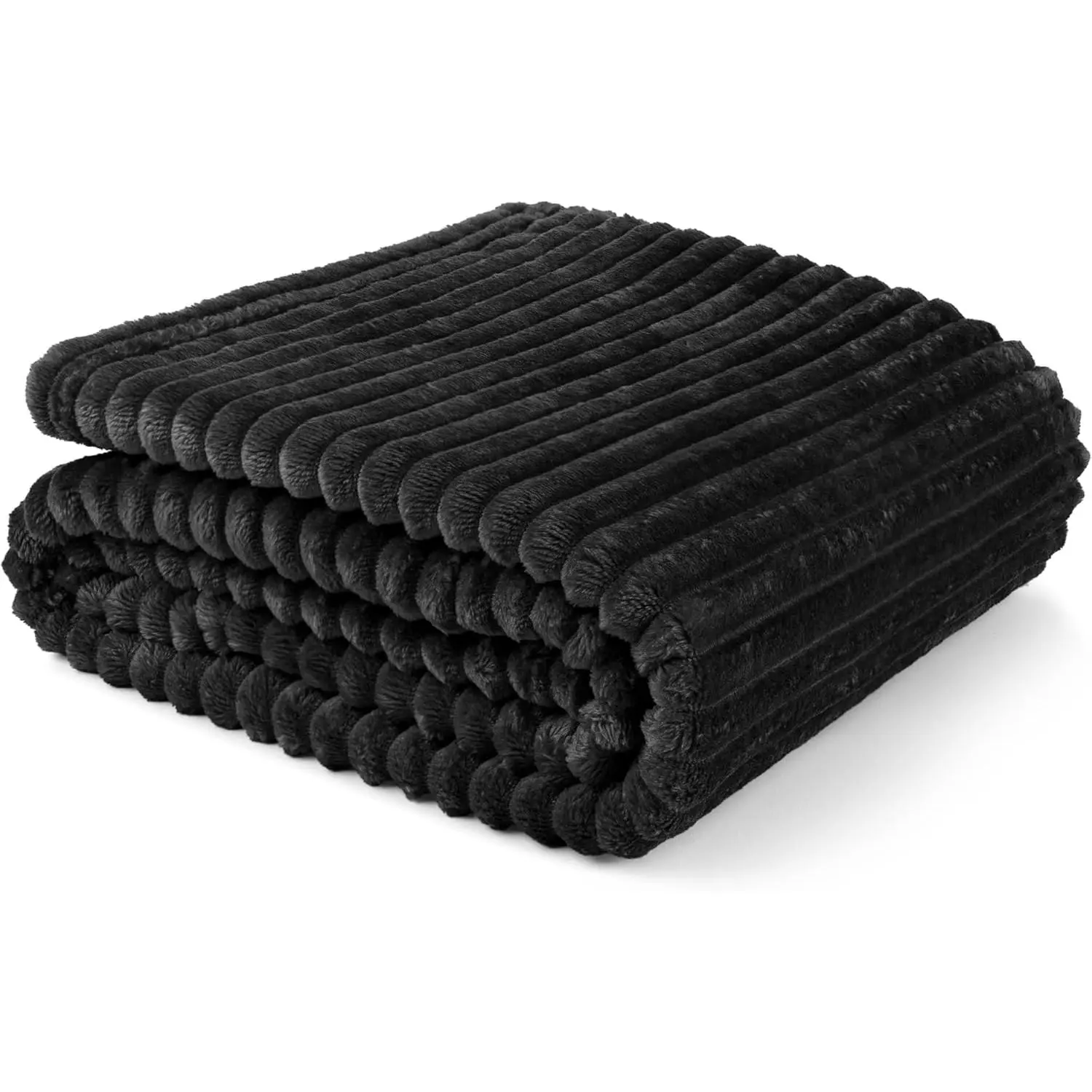Super Soft Fleece Throw Blanket  Black, Fuzzy Plush Flannel Throw, Warm Cozy Ribbed Microfiber Blanket for Sofa Couch Bed, Lightweight Striped Blanket, Black, 60x80
