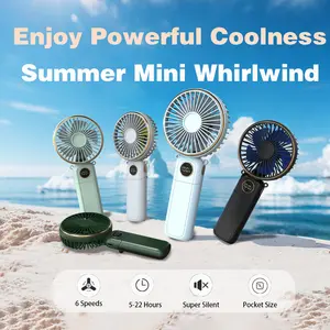 portable fan for summer, 3-in-1 Folding Handheld/Neck/Desktop Portable Turbine Fan, Quiet Fan with Base, USB rechargeable portable fan, 6-Speed Adjustable Pocket Cooling Fan for Travel/Camping/Office/Makeup use little