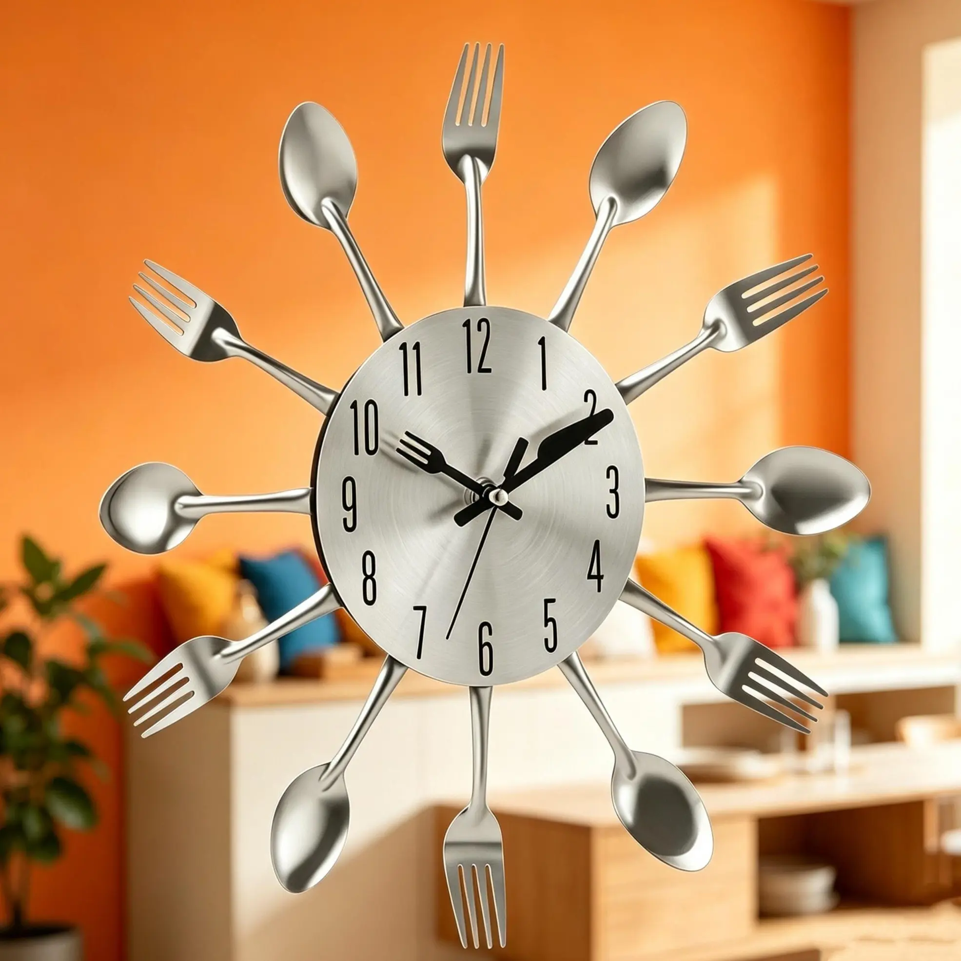 12in Flatware Shaped Wall Clock, 3D Metal Silver Kitchen Wall Clock - Spoon Fork Hands Design, Modern Home/Living Room/Dining Room Decor, Minimalist Wall Clock, Wall Decor, Shipment within 1-2 days