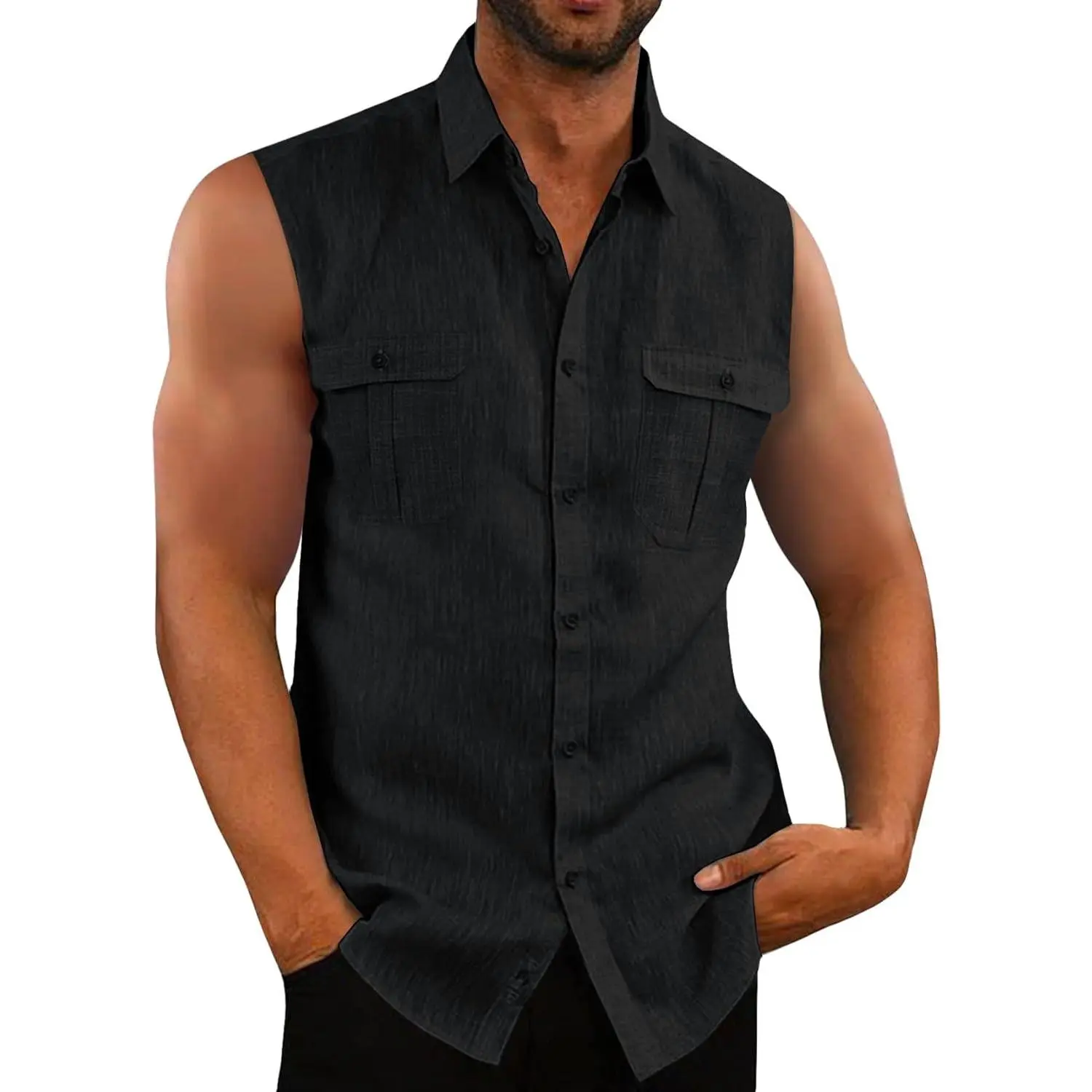 PASLTER Men's Sleeveless Button-Down Plain Basic Shirt - Linen Cotton Fabric, Summer Beach Casual Kurta Menswear Tops, Sleeveless Shirt, Linen Shirts