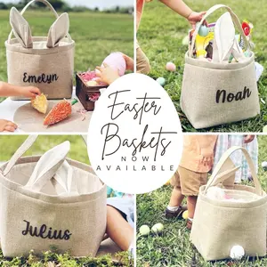 Gmr Custom Creations | Burlap Neutral Easter Baskets w Bunny Ears and Tail for Kids | Easter Egg Hunt Activities | Easter Gifts for Toddlers | Lightweight Basket Organizer