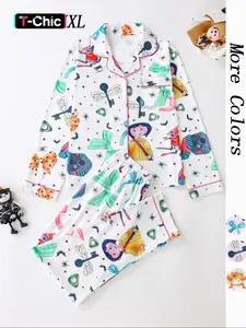 Women's Button Pajama, Casual Comfy Long Sleeve Knit Print Top & Pants PJ Set, Ladies Sleepwear for All Seasons, Homewear, Loungewear