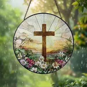 Stained Glass Cross and Wildflowers Suncatcher Christian Stained Glass Windows Hanging Flower Cross Gift for Religious Easter Faith Christian Gifts Religious Home Decor