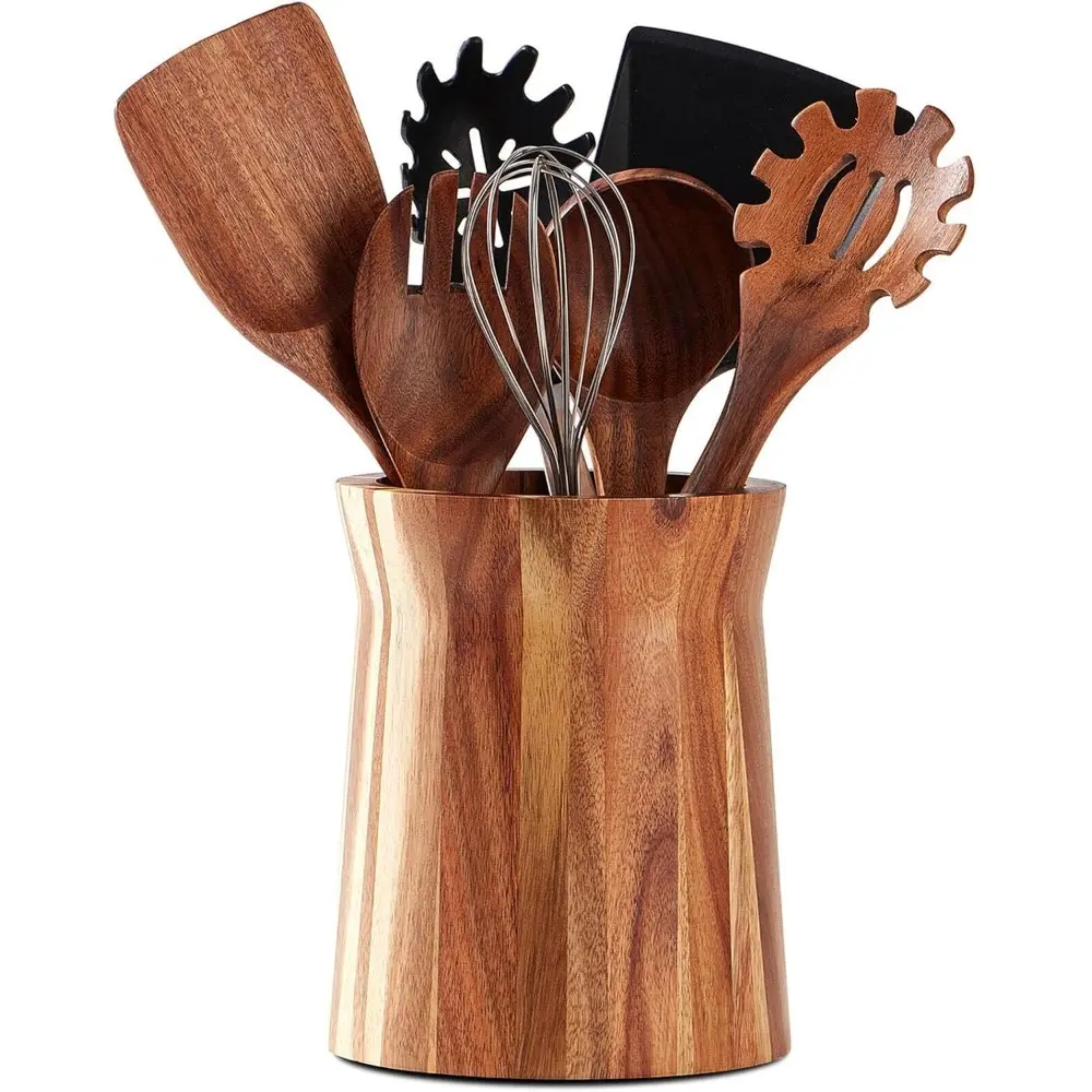 Sturdy Acacia Wood Kitchen Utensil Holder - 360° Rotating, 7.2"x6" Large Countertop Storage Crock, Farmhouse Home Organizer & Decor Accessory