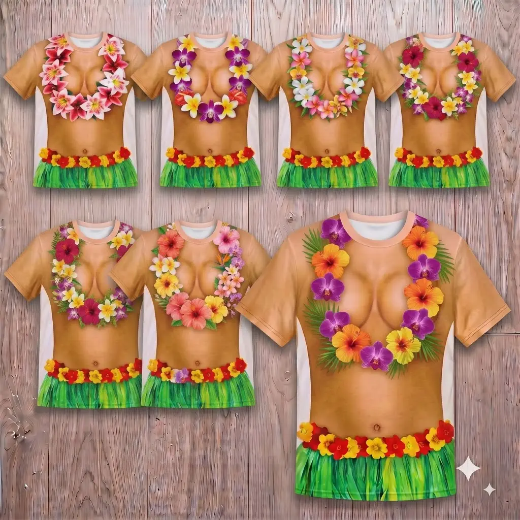 Funny 3D Hawaii Hula Girl Shirt Flower Lei Match Swim Trunks for Men, Funny 3D Hawaiian Grass Skirt T-Shirt Men Tropical Beachwear Party Top, Viral 3D Hula Girl Flower Lei Shirt Match Hawaii Bikini Women Beach Tee