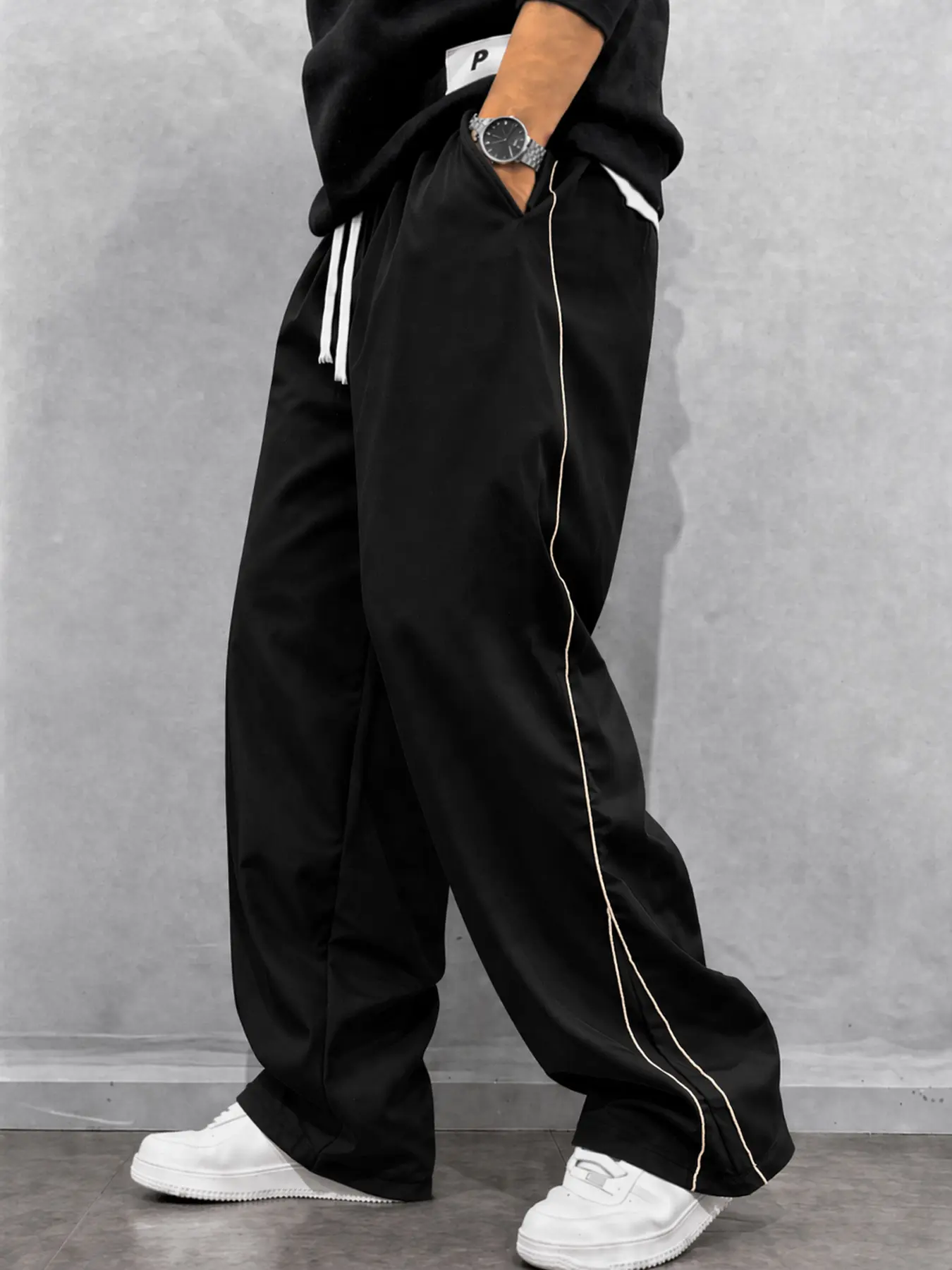 Men's Streetwear Polyester Track Pants, Relaxed Straight-Leg Fit with Drawstring and Side Piping for Basketball & Casual Wear, S M L